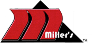 Logo for "Miller's," featuring a stylized red "M" on a black triangle, with the brand name written in white text.